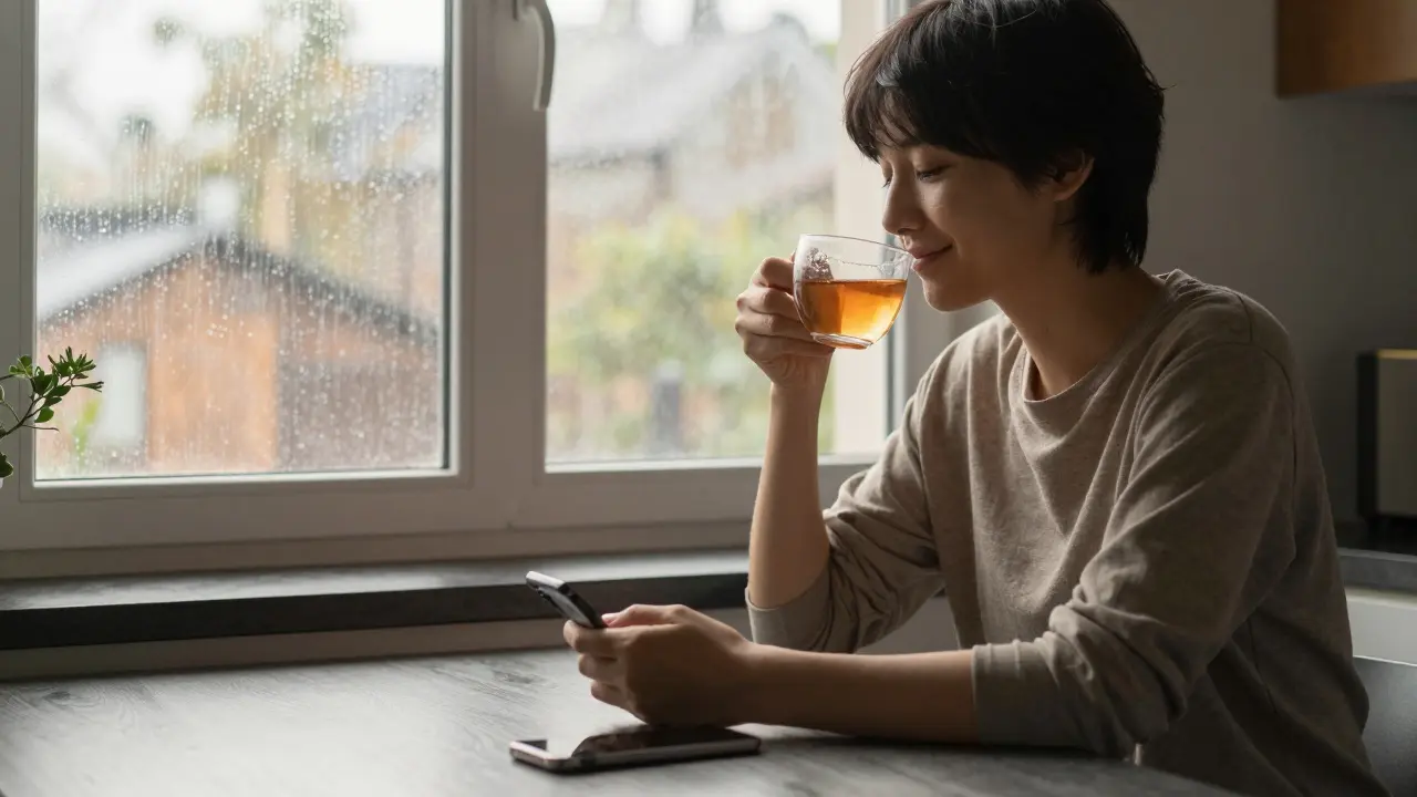 Osoba v kuchyni ráno pije čaj při světle slunce a dešti, klidná a uvolněná.