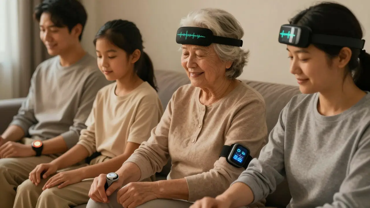 Různí lidé používají domácí biofeedback senzory — na prstu, předloktí a hlavě — v klidném prostředí.