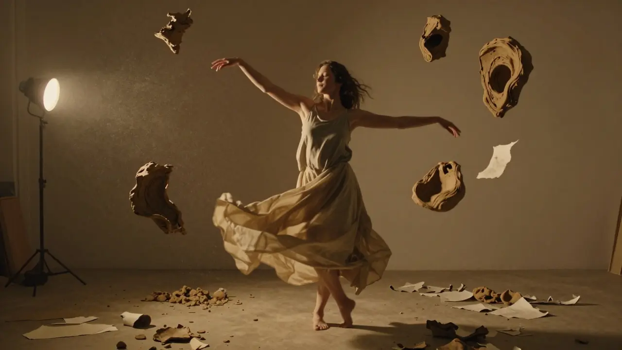 Žena tančí v prázdném studiu, ruce roztažené, kolem ní plavou kousky papíru a hlíny ve zlatém světle.