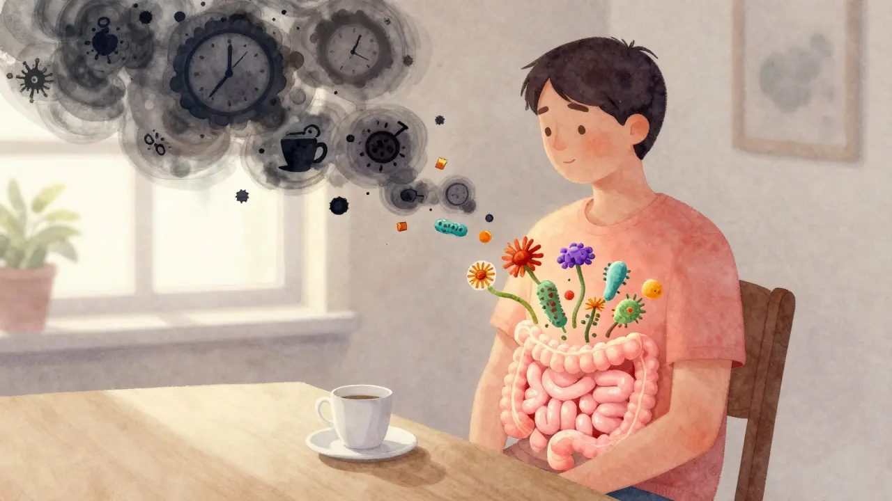 Člověk sedí u stolu, z jeho břicha vychází světlo, zatímco škodlivé prvky mizí.