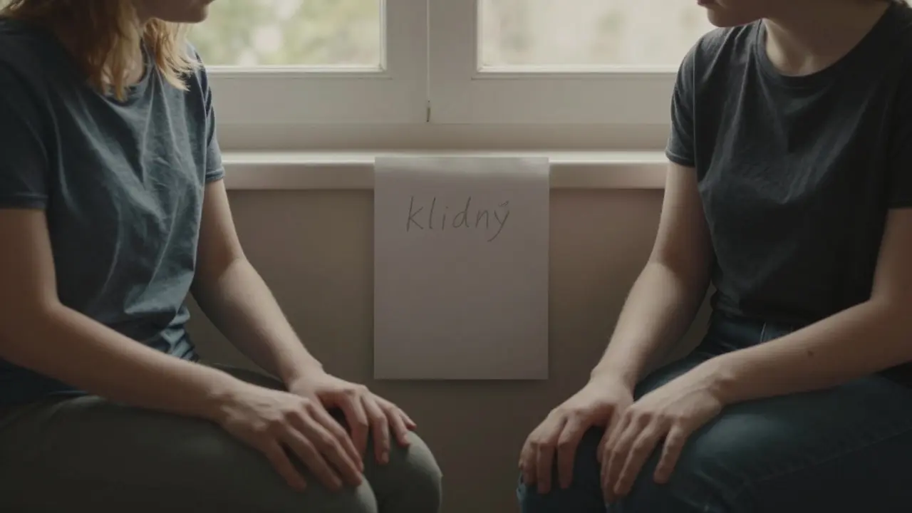 Dva partneři se navzájem pozorují v tichosti, mezi nimi list s jedním slovem napsaným tužkou.