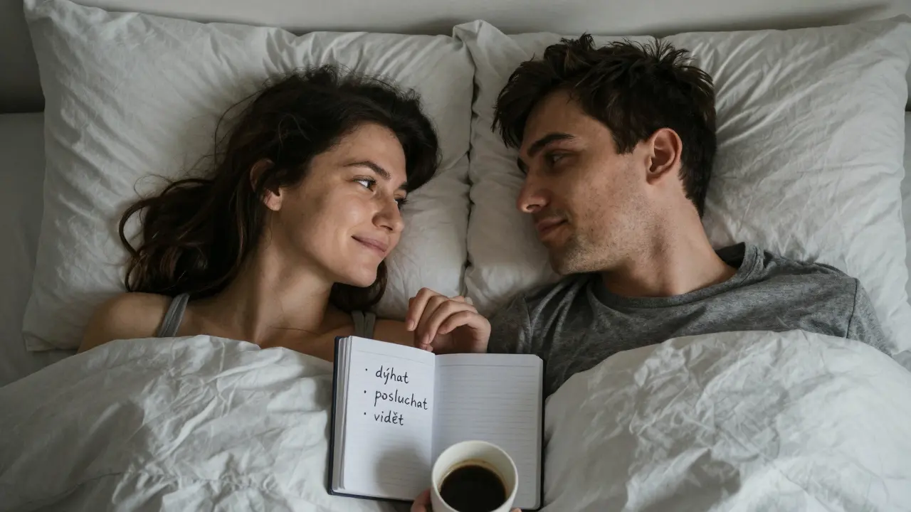 Dvojice leží v posteli při světle dne, pohledem se spojují bez slov, jemný úsměv na tváři.