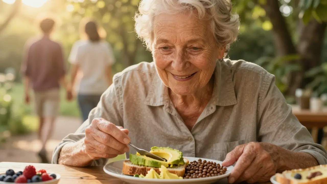 Elderly person eating a wholesome meal with a translucent younger self in the background.