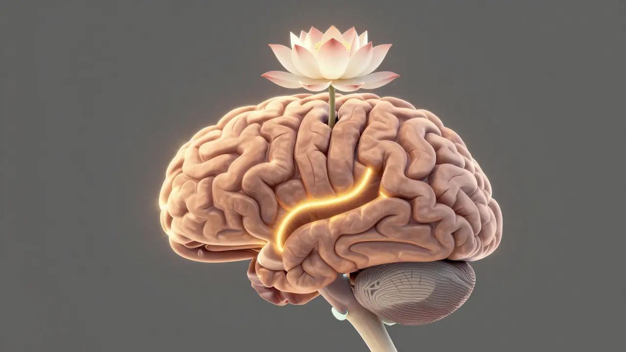 Neurologický náčrt mozku s aktivní přední kůrou a slabnoucím dopaminovým systémem.