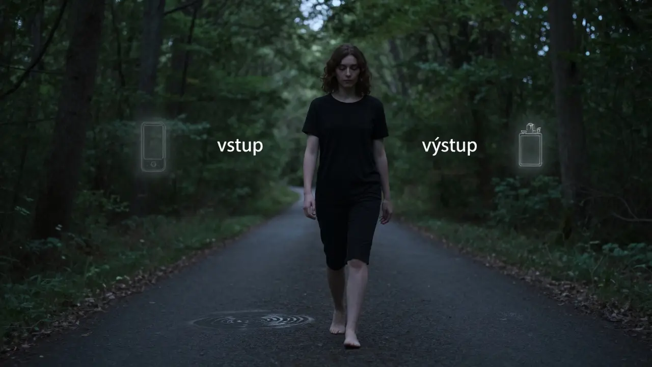 Osoba klidně kráčí lesní cestou, každý krok s jemným pohybem vzduchu, zatímco návyky mizí v stromech.