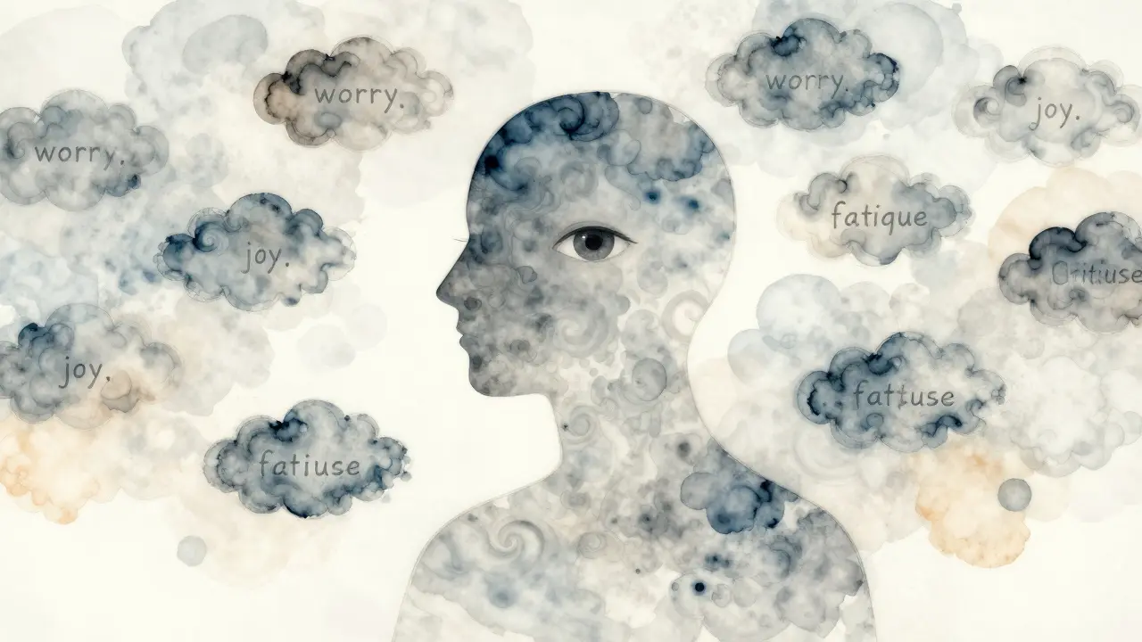 Průhledný obraz člověka s pocity jako mraky, které plují kolem klidného oka.