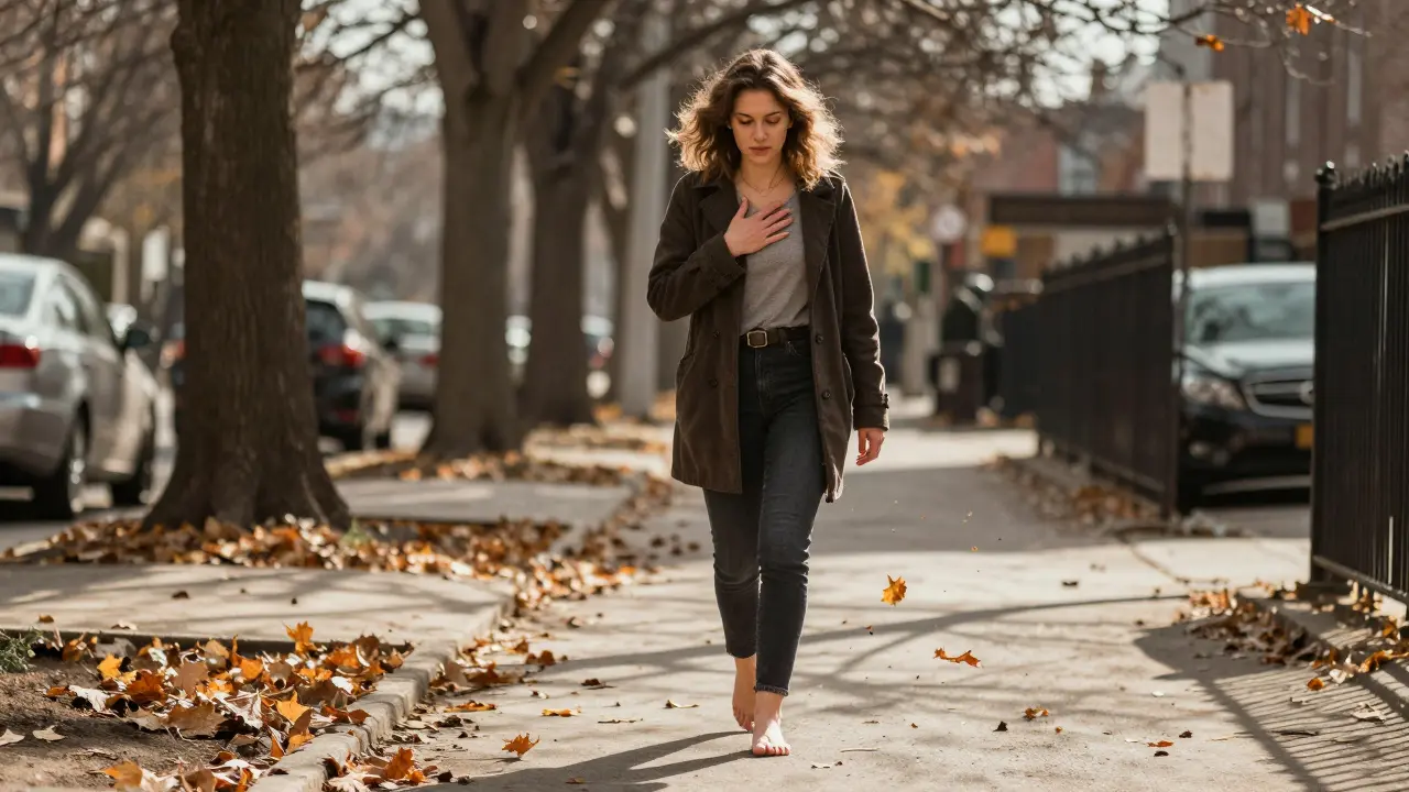 Žena chodí bosá po ulici, zastaví se a dotýká se prsa, vědomě cítí okamžik.