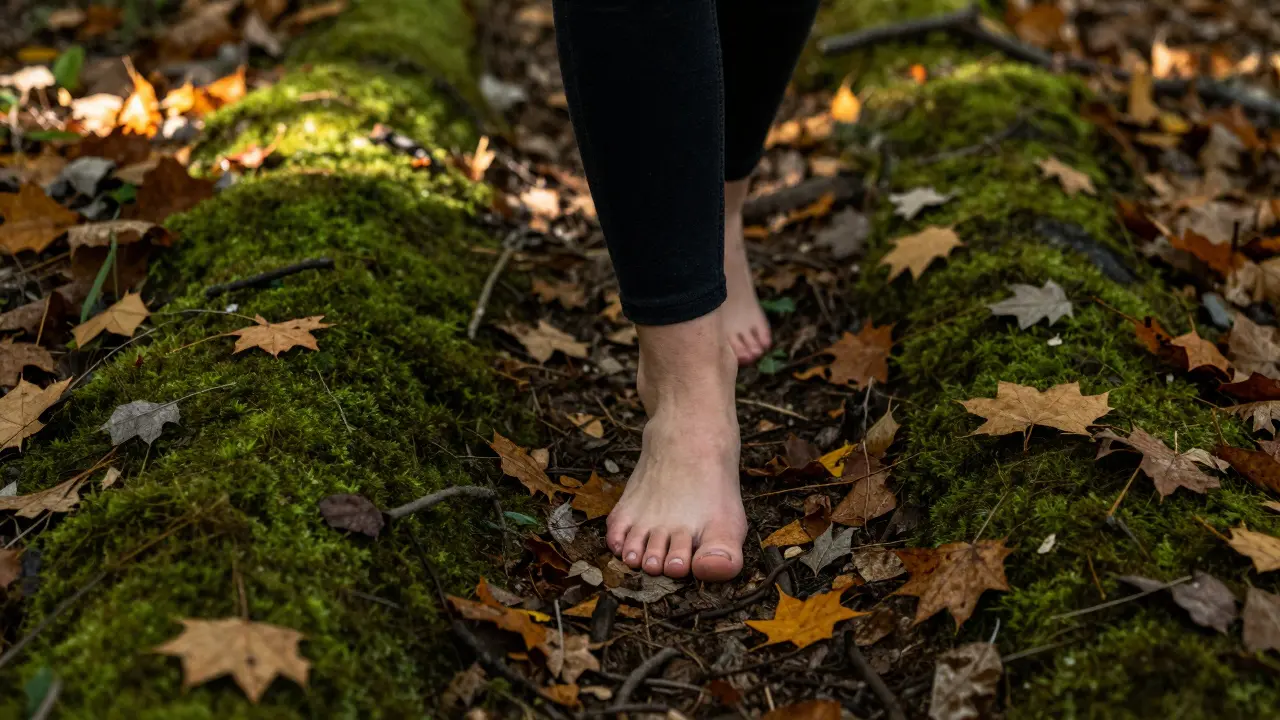 Detail nohou kráčejících pomalu po lesní cestě jako symbol všímavé chůze.