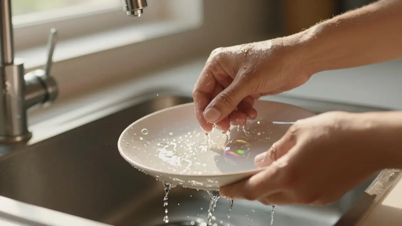 Detail rukou myjících nádobí v teplém slunečním světle jako symbol vděčnosti.