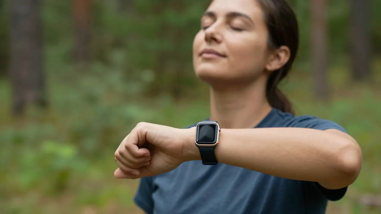 Klidný člověk v přírodě s chytrými hodinkami měřícími stres a regeneraci.