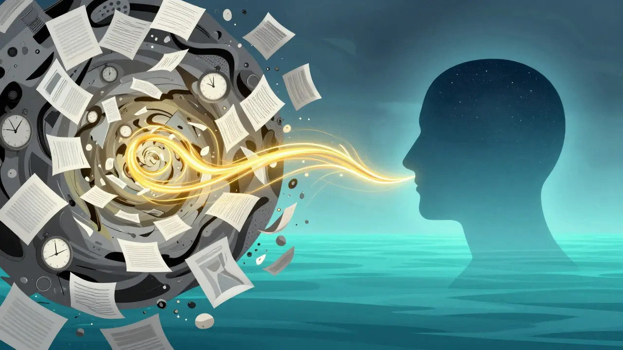 Konceptuální ilustrace přechodu od chaosu v mysli k vnitřnímu klidu a jasnosti.