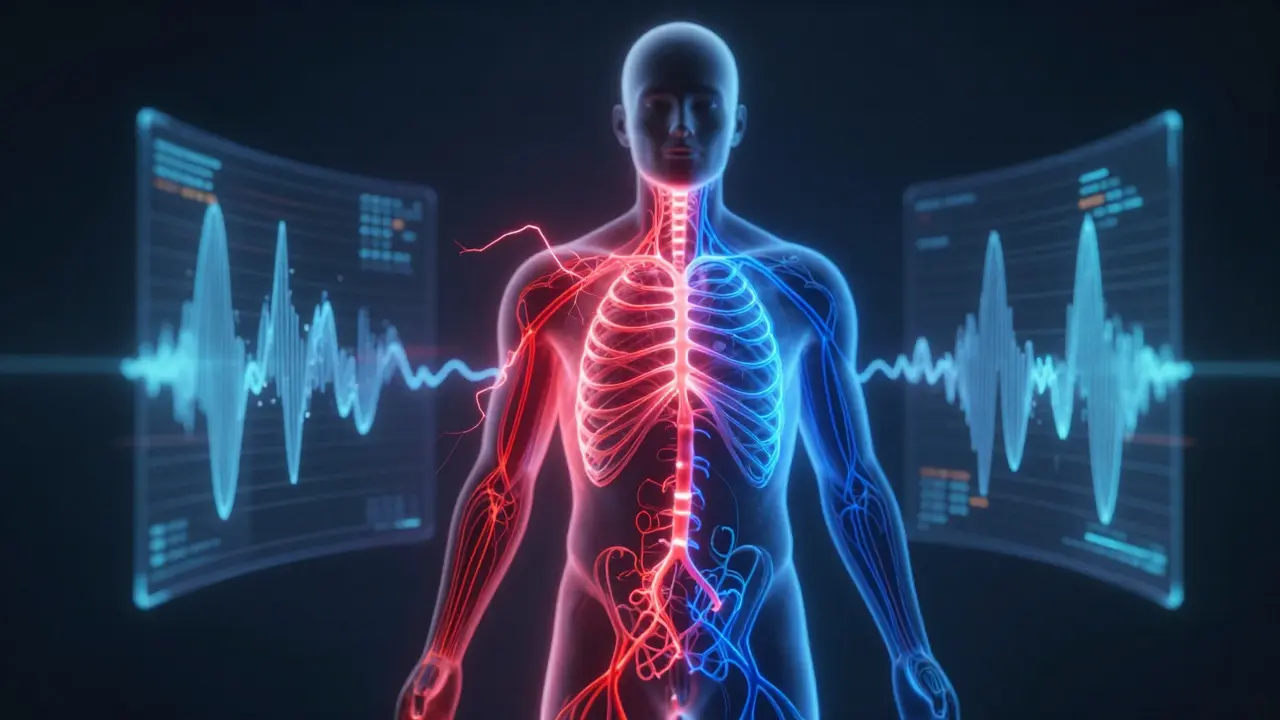 Konceptuální znázornění nervového systému a biometrických dat v lidském těle.