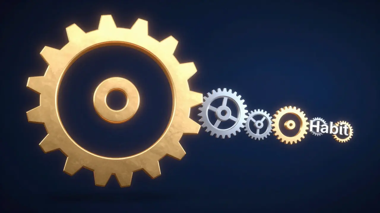 Konceptuální zobrazení malých zvyků jako stříbrných ozubených koleček pohánějících velký cíl.