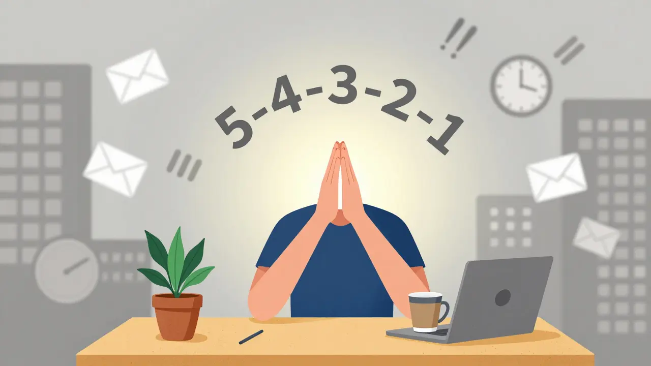 Kreativní znázornění mindfulness techniky uprostřed pracovního chaosu.