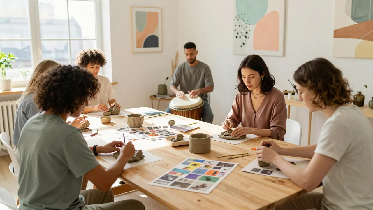 Lidé v arteterapeutickém studiu tvoří s hlínou, kolážemi a hudebními nástroji.