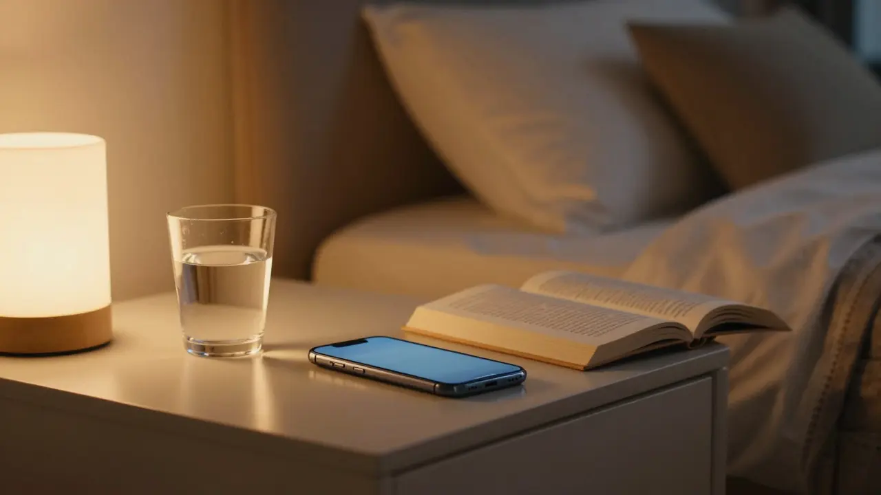 Noční stolek s knihou a odloženým telefonem symbolizující digitální detox.
