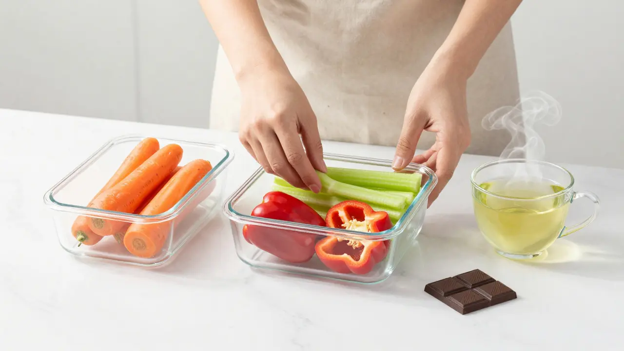 Příprava zdravých svačin do krabiček s zeleným čajem a hořkou čokoládou.