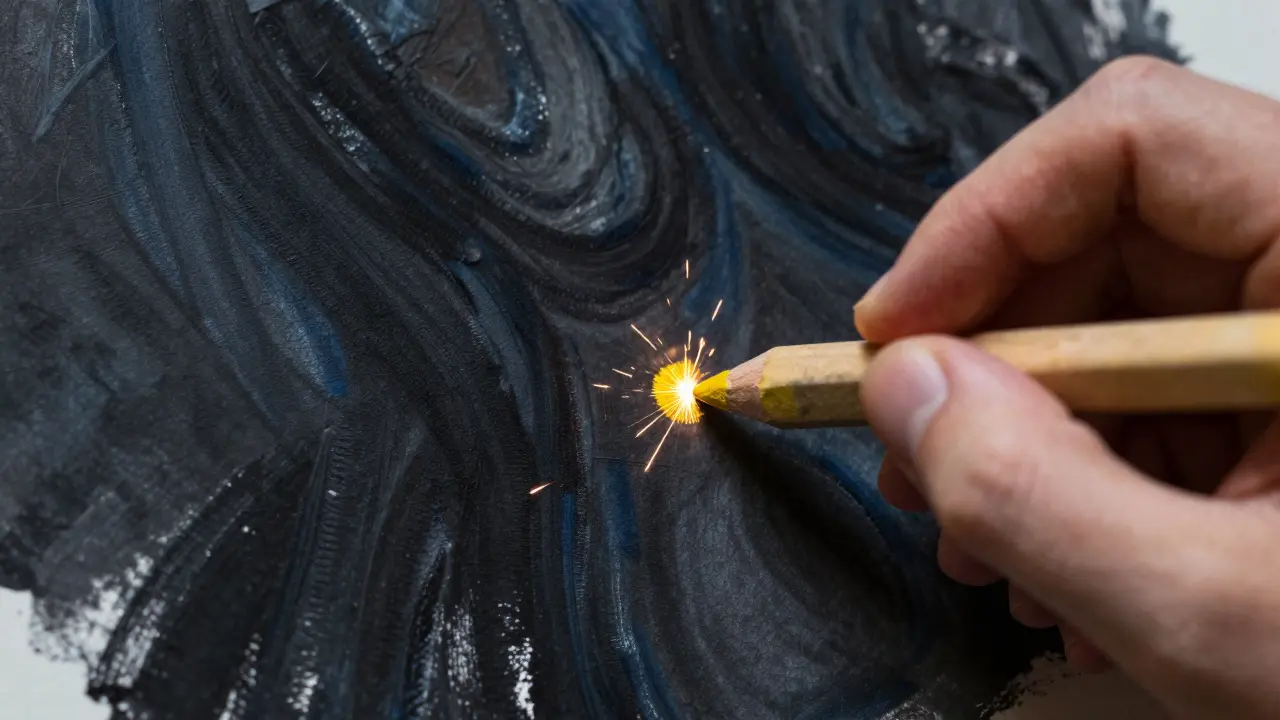 Ruka přidávající žlutý bod naděje do temného abstraktního obrazu.