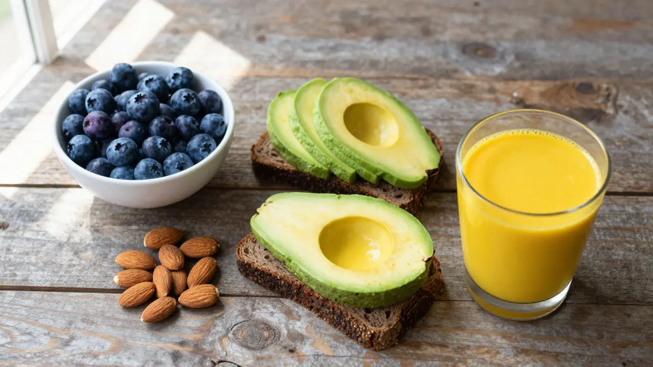 Sestava zdravých potravin: borůvky, avokádo na žitném chlebe, mandle a kurkumový nápoj.