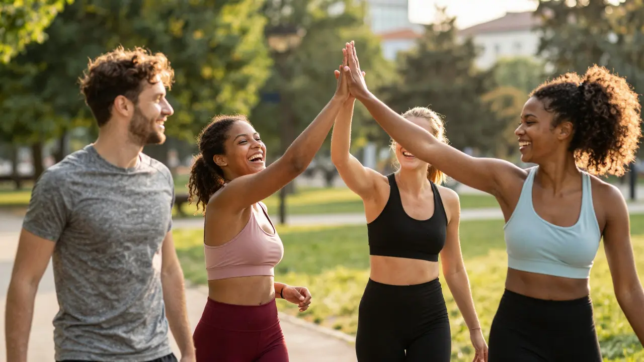 Skupina přátel v parku se vzájemně motivuje a raduje se z společné procházky.