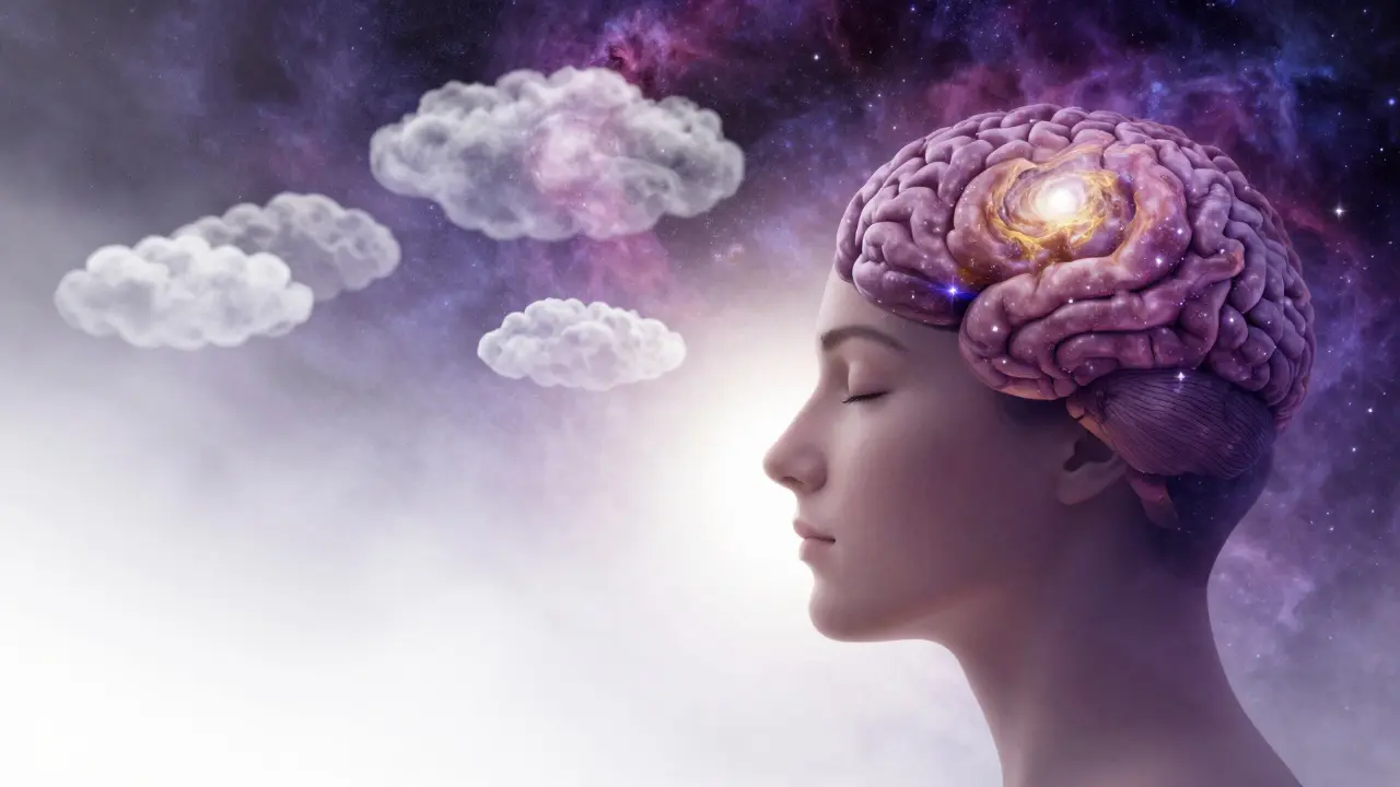 Surrealní obraz osoby, jejíž mysl přechází v hvězdnou mlhovinu a vesmír.