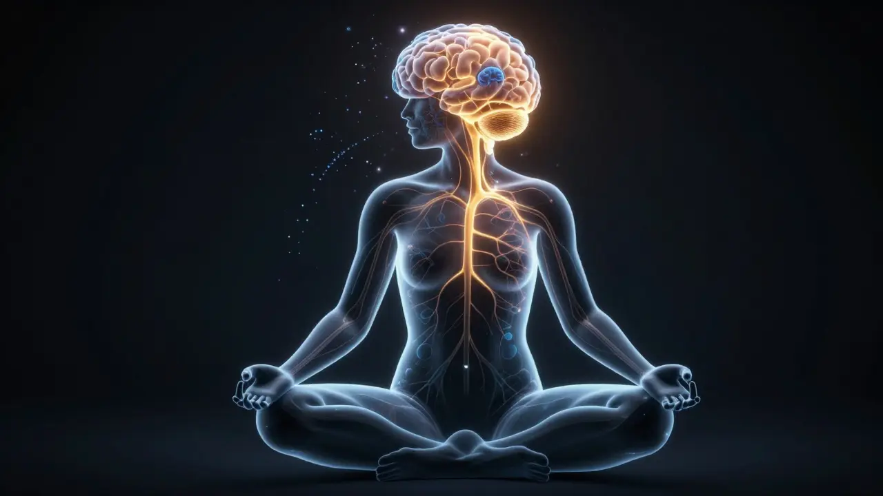 Konceptuální ilustrace mozku ukazující snížení stresu a zvýšení klidu při meditaci