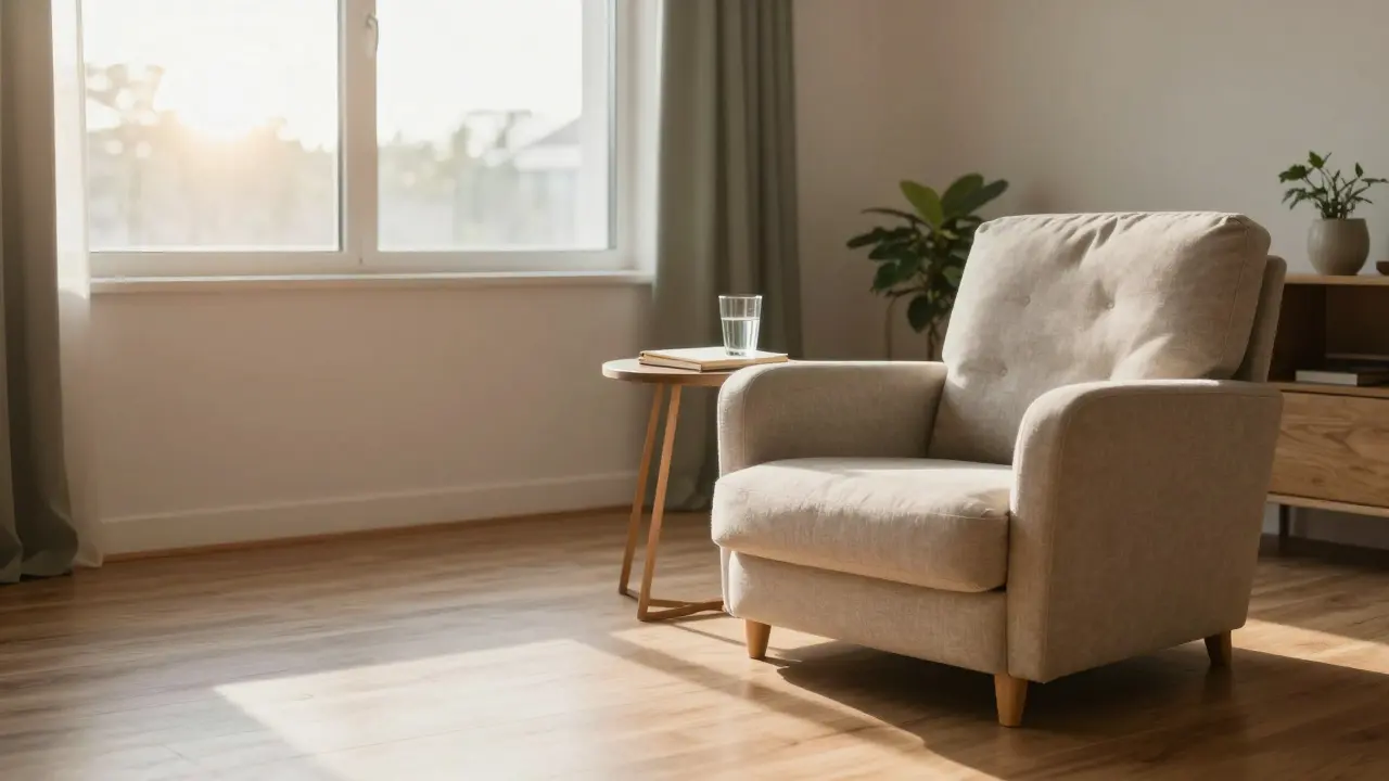 Klidný domácí interiér s místem pro meditaci a sklenicí vody u okna