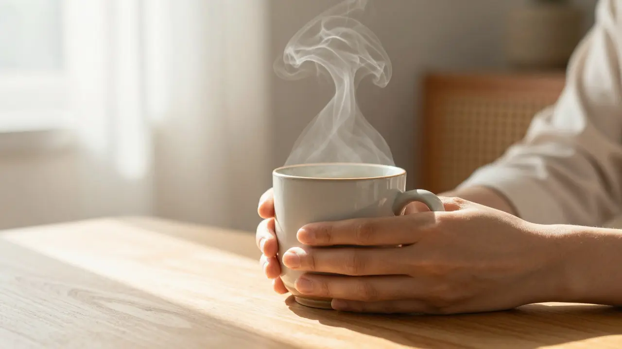 Ruce drží horkou kávu v klidném ránu při praxi mindfulness