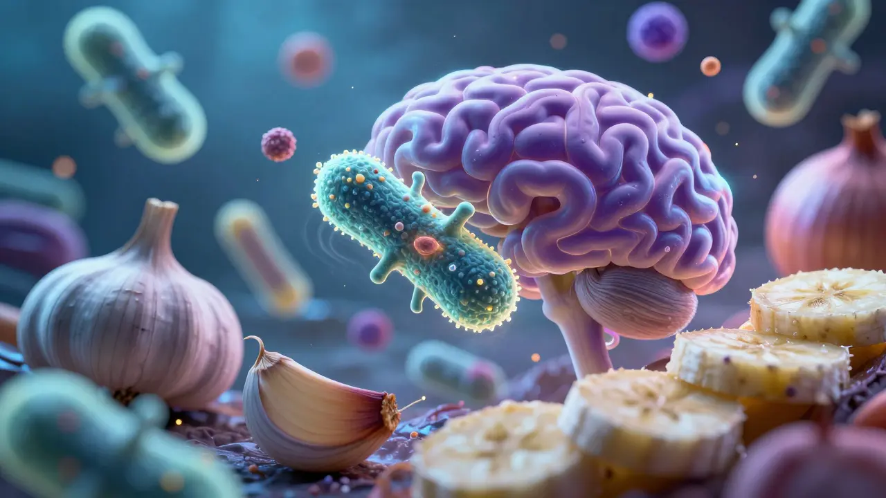 Artistic macro view of probiotics and prebiotic foods like garlic