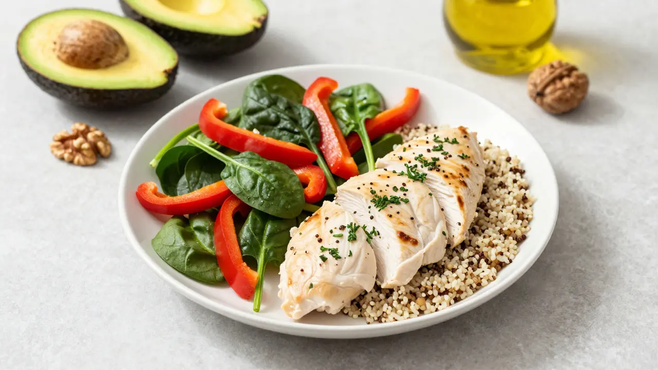 Balanced plate with vegetables, protein, and grains from above