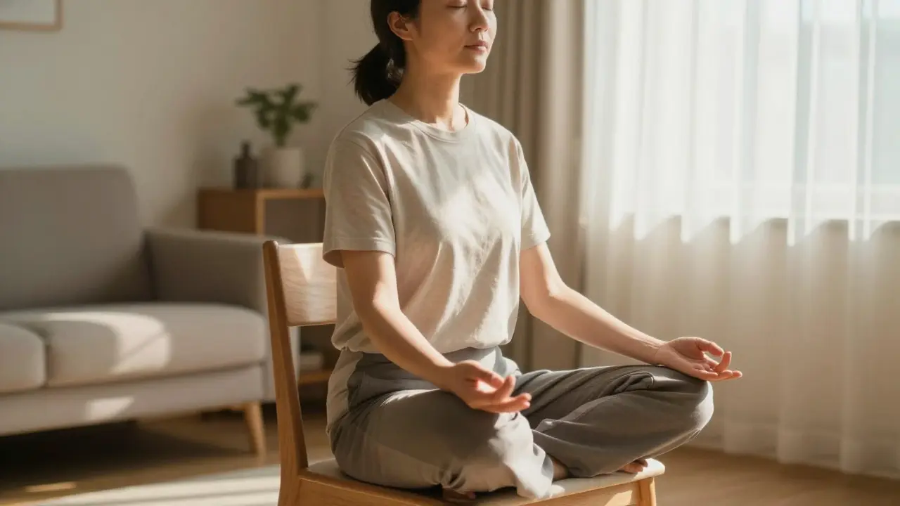 Člověk v klidné pozici meditace v osluněné obývací místnosti