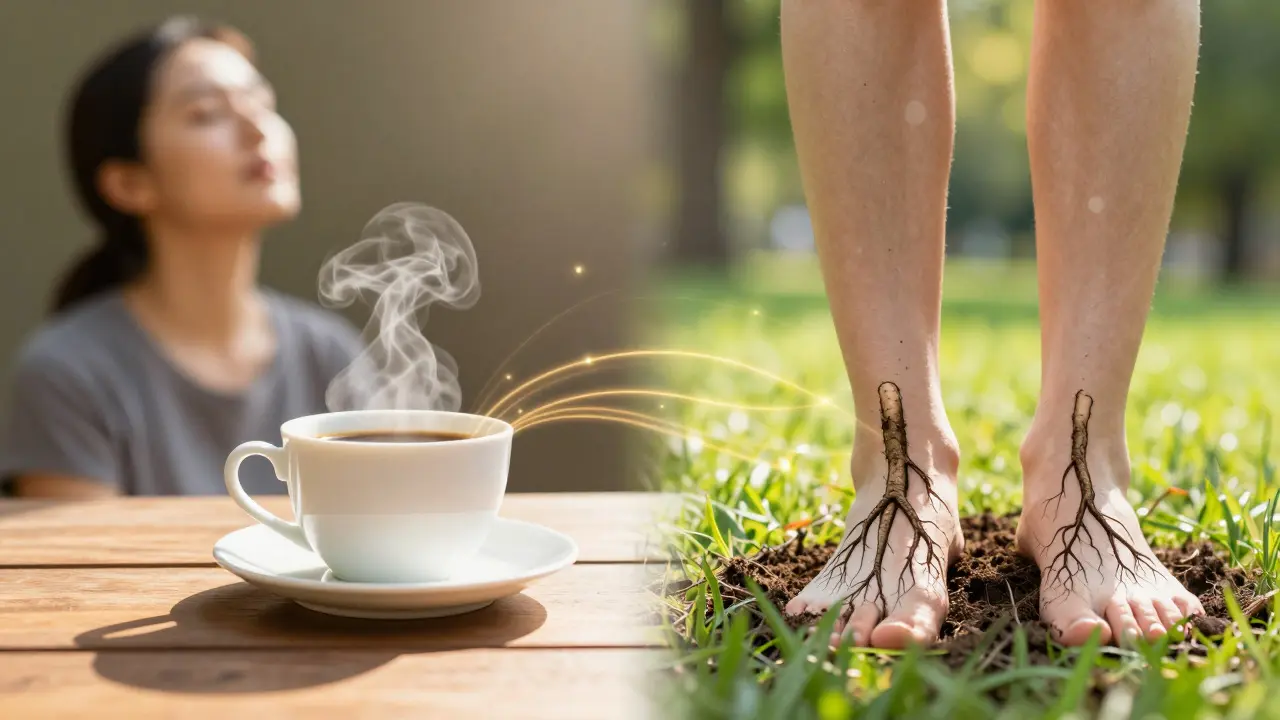 Káva a nohy v trávě symbolizují integraci wellness do rutiny