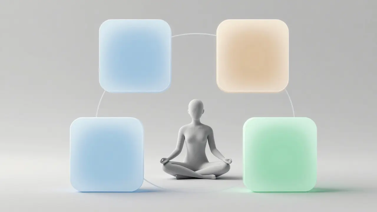Abstraktní ilustrace postavy obklopené čtyřmi geometrickými čtverci