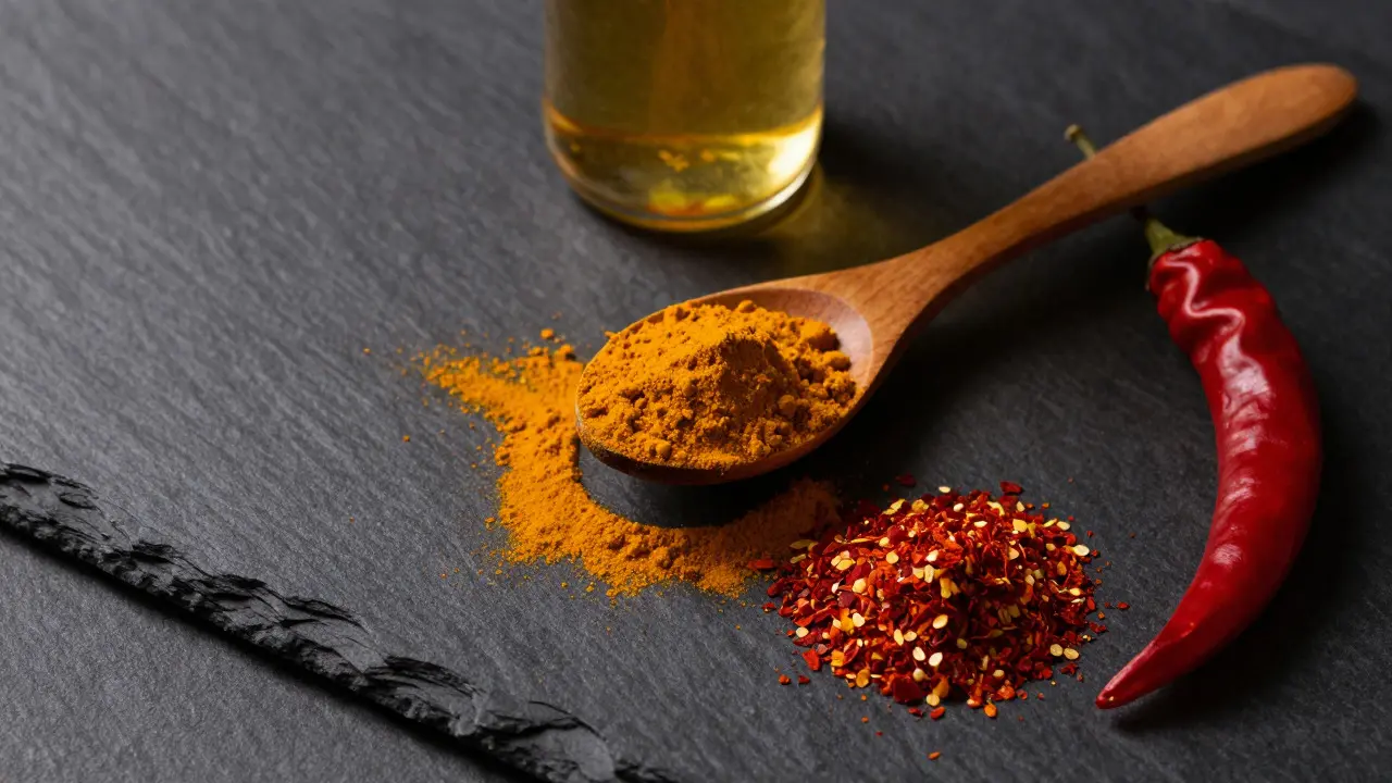 Kurkuma, chilli papričky a koření na tmavém kamenném podkladu