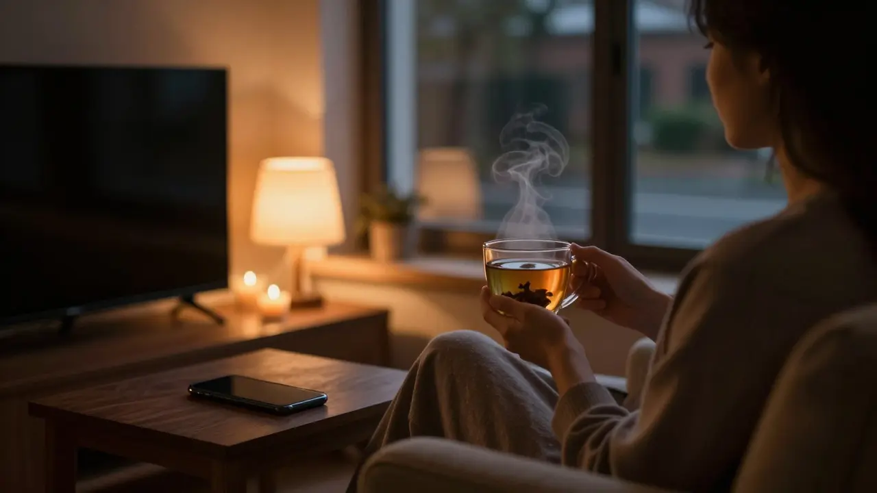 Osoba pije čaj v útulné místnosti večer bez zapnutých obrazovek