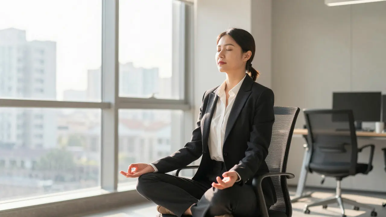 Podnikatelka praktikující mindfulness v klidném kancelářském prostředí