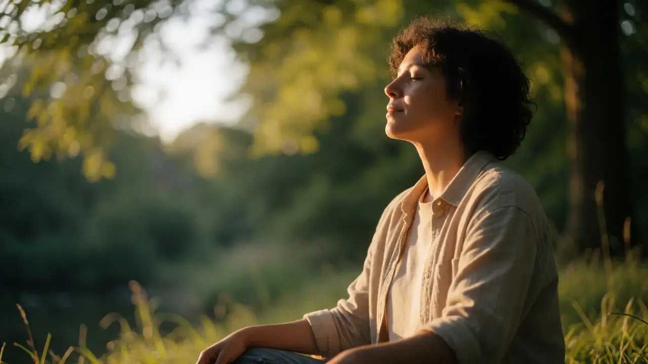 Člověk praktikující mindfulness na slunci v přírodě, vyzařující klid a úlevu.