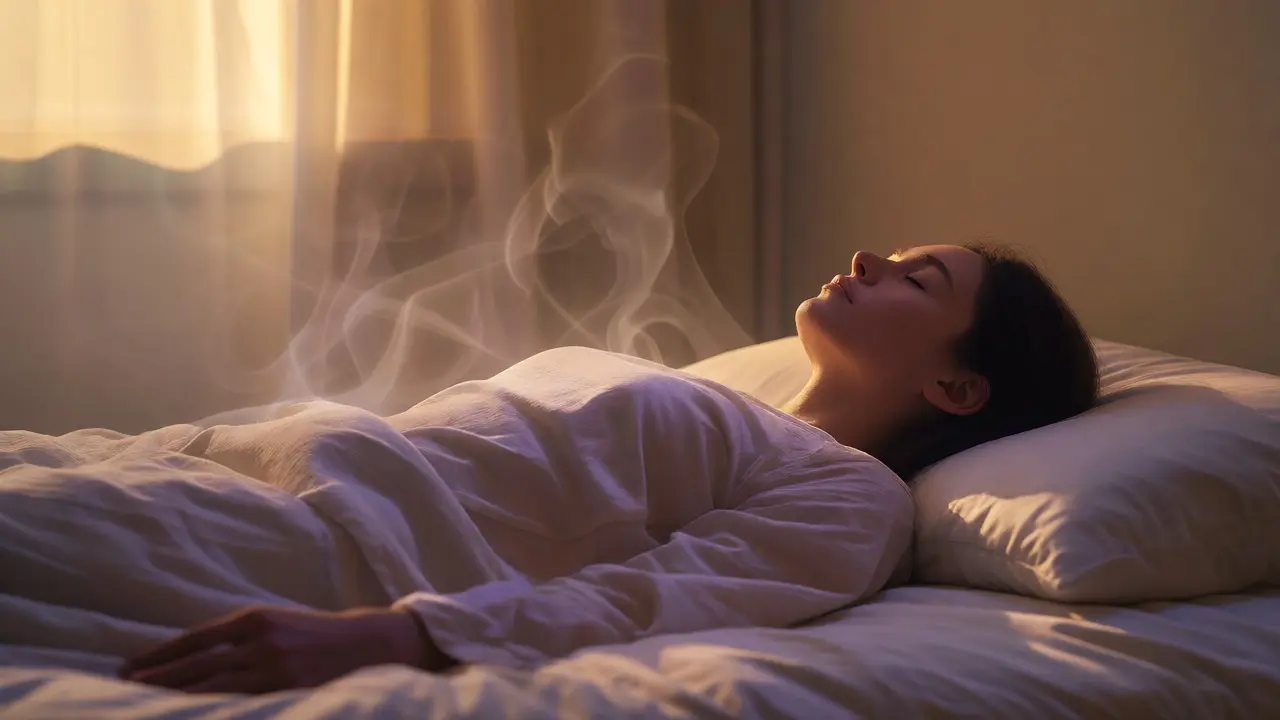 Klidná osoba leží na posteli v teplém osvětlení pro meditaci
