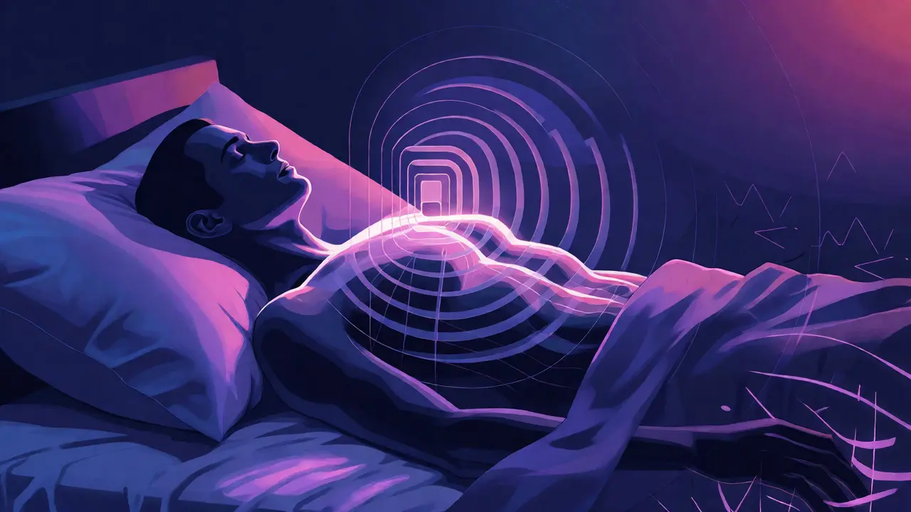 Konceptuální ilustrace dýchacího rytmu v ložnici