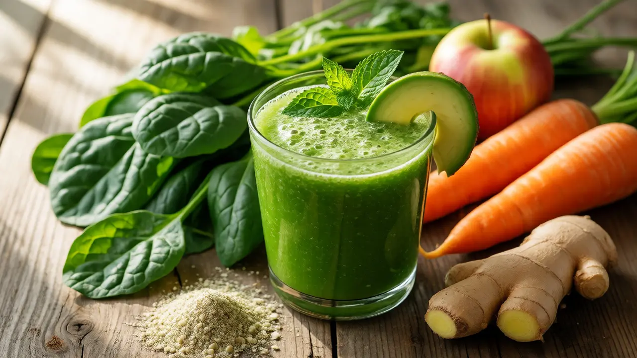 Čerstvé ingredience pro zelenou šťávu: špenát, avokádo, jablko a zázvor na dřevěném stole.