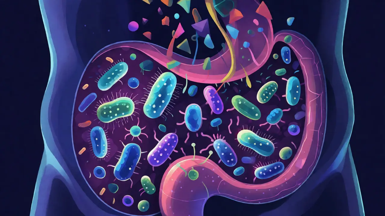 Ilustrace diverzitního střevního mikrobiomu s barevnými bakteriemi v těle