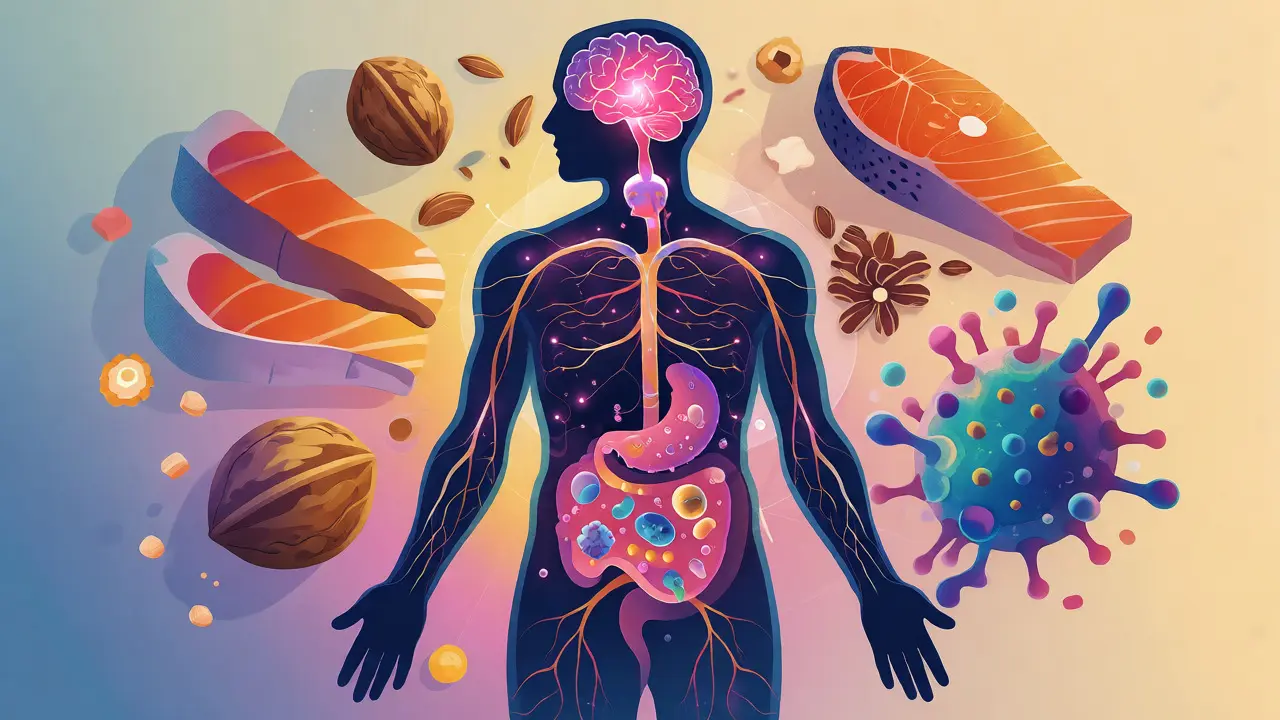 Ilustrace propojení střev a mozku s omega-3 potravinami