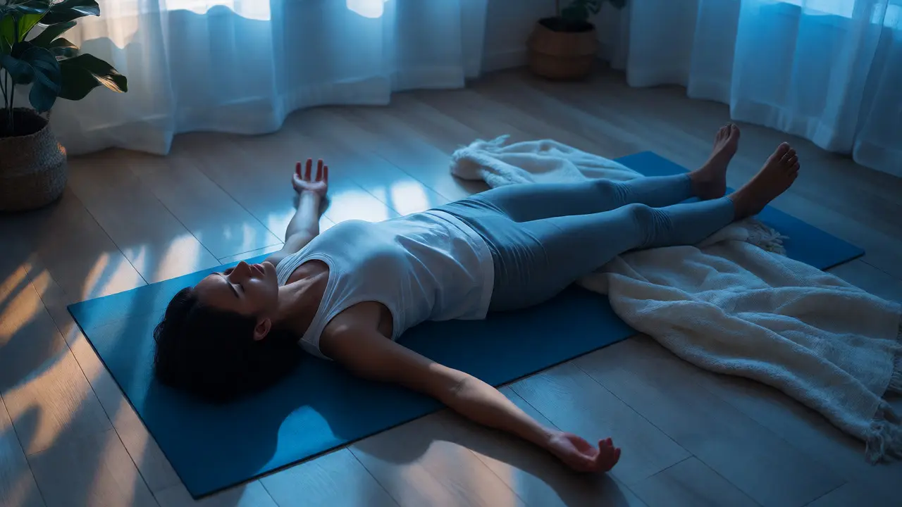 Osoba ležící na podložce pro meditaci ve světlé místnosti při večerním skenu těla.