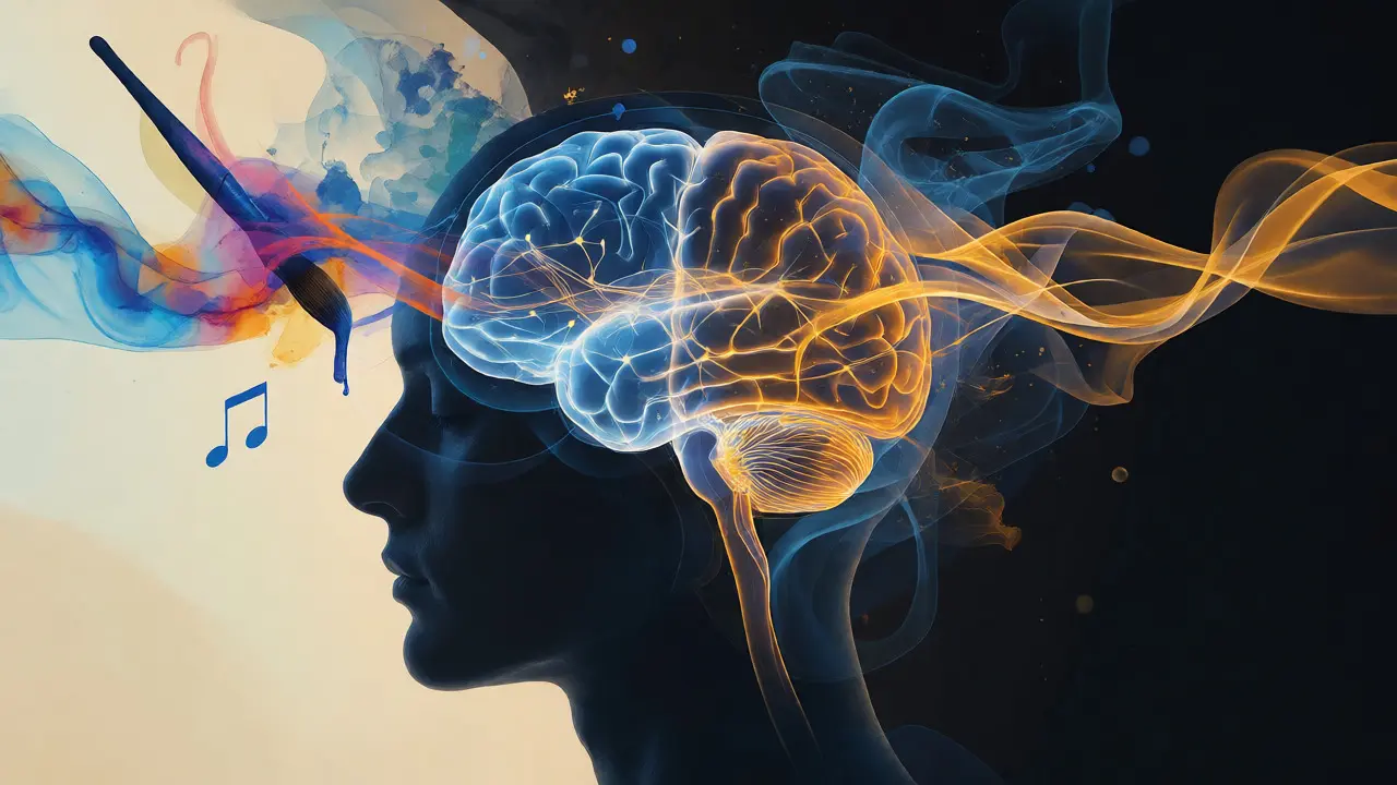 Silueta člověka propojená s barevnými neurálními cestami mozku